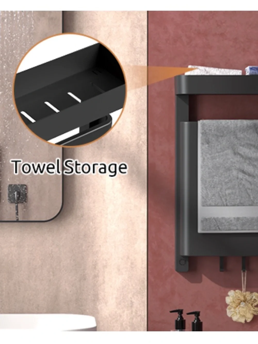 Wall Mounted Heated Towel Rack Warmer with Shelf & Hooks - Black